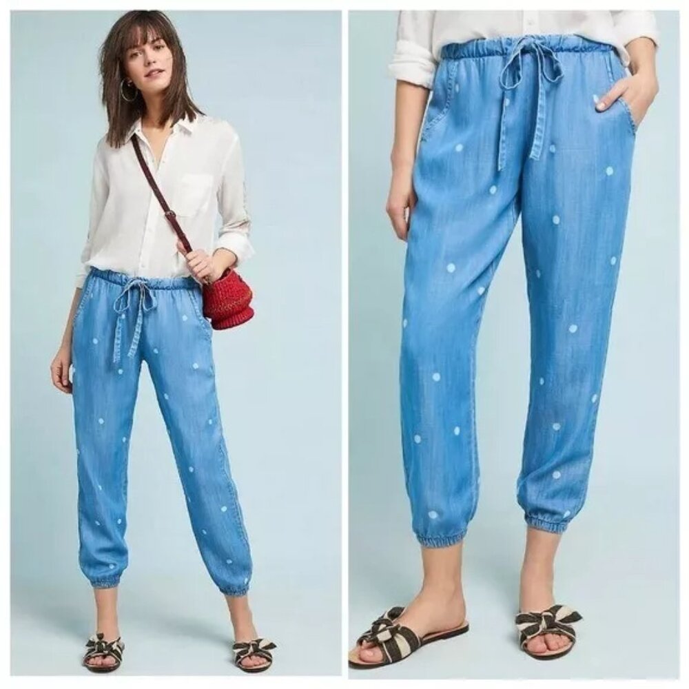 Anthropologie Light Blue Polka Dot Drawstring Joggers
